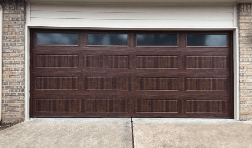 Walnut Stain New Garage Door with windows in Oklahoma City